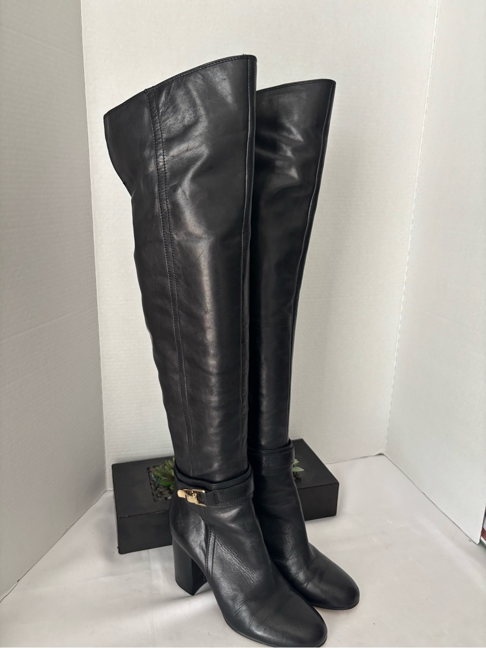Sam Edelman Black Leather Over-the-Knee Block Heel Boots  W/ Ankle Buckle SZ 7.5 - Picture 13 of 15